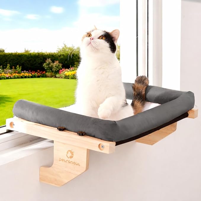 Solid Wood Cat Window Perch for Large Breeds – 40lbs Heavy Duty Cat Window Hammock, Comfortable Orthopedic Feline Bed with Easy Screw-in Assembly, Modern Pet Furniture, Bonus Toy Included