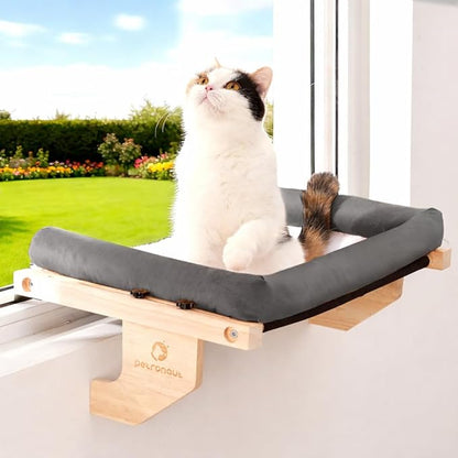 Solid Wood Cat Window Perch for Large Breeds – 40lbs Heavy Duty Cat Window Hammock, Comfortable Orthopedic Feline Bed with Easy Screw-in Assembly, Modern Pet Furniture, Bonus Toy Included