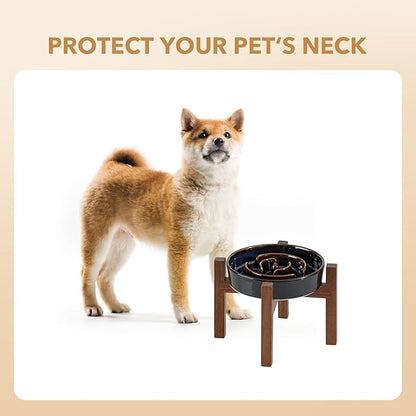Ceramic 1.2 Cup Raised Slow Feeder Dog Bowl Set, Elevated Acacia Wood Stand for Medium and Small Dog, 7.3inch Slow Dish, Stop Bloat(Single Bowl+ Stand, Starry Sky)