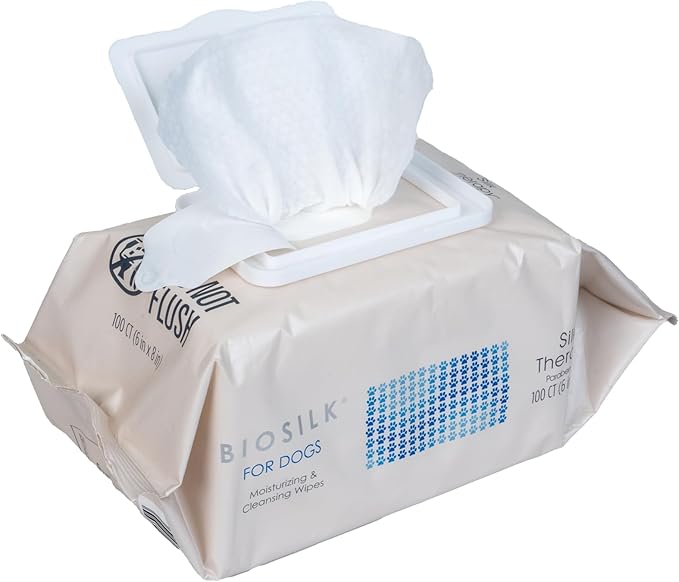 BioSilk for Dogs Moisturizing & Cleansing Wipes - Dog Wipes for Cleaning & Deodorizing, Dog Paw Wipes - Infused with Silk Proteins & Vitamins, pH Balanced, Paraben Free
