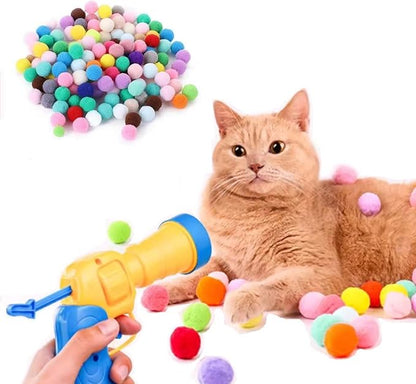 100pcs Cat Toy Ball Launcher Set Fun Colorful Plush Self Play Toys Pom Balls Shooting Interactive for Indoor Cats Enrichment Kittens Puff Playing (Launcher with 100 Pieces Ball)