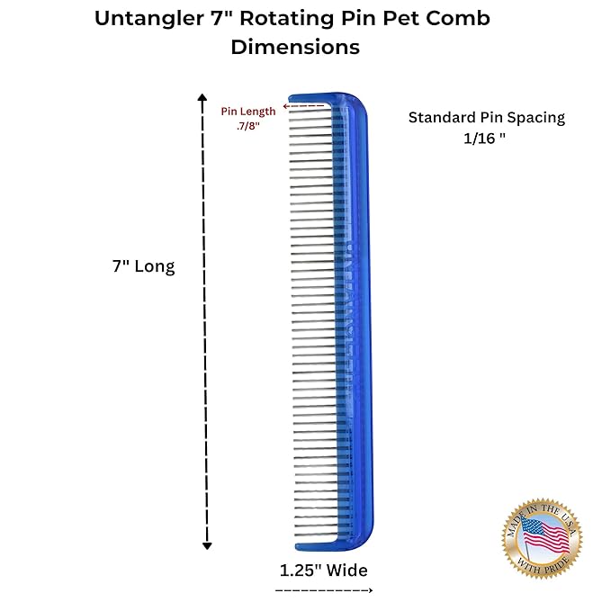 Pet comb for easy mat removal - silky smooth rotating teeth untangles without causing pain to pets. (7" Ocean Blue)