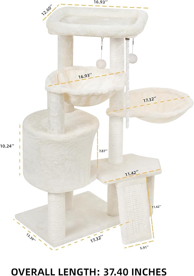Wang Xin Three Layer Cat Tree with Cat Condo Scratch Pad and Two Hammocks,Beige