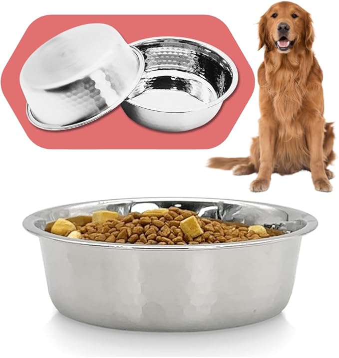 2pcs Stainless Steel Dog Bowls, Hammered Thickened Metal Dog Bowl Feeding or Water Bowls for Small/Medium/Large Sized Dogs & Cats Stackable Metal Cat Bowl Dishwasher Safe
