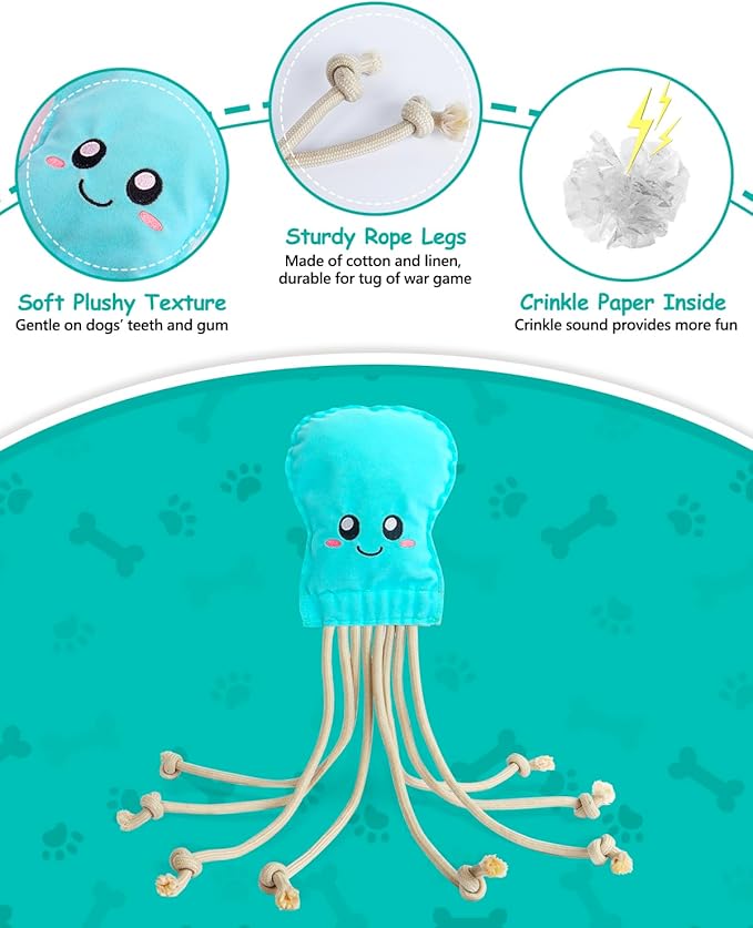 SCHITEC Dog Rope Toys, Plush Crinkle Tug of War Toy for Small Medium Dogs, Interactive Octopus Stuffed Chew Toy for Puppy Teething