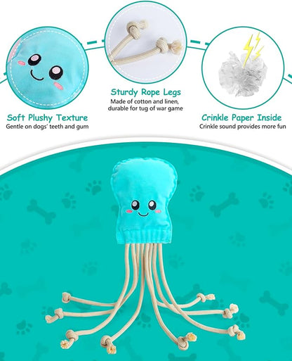 SCHITEC Dog Rope Toys, Plush Crinkle Tug of War Toy for Small Medium Dogs, Interactive Octopus Stuffed Chew Toy for Puppy Teething
