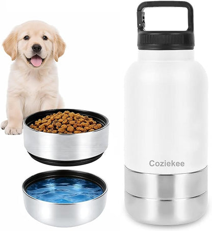 3-in-1 Dog Water Bottle Portable, 32oz Insulated Stainless Steel Pet Water Dispenser with 2 Detachable Travel Dog Bowls for Water & Food, Leak-Proof Puppy Water Bottle for Hiking, Walking (White)