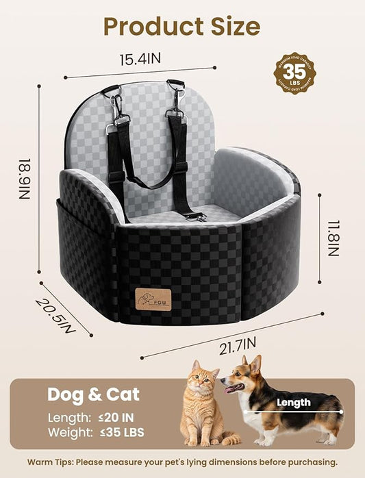 Dog Car Seat for Small/Medium Dogs Up to 35 lbs, Elevated Memory Foam Dog Booster Seat with 2 Safety Belts, Travel Safety Pet Car Seat with Detachable Washable Cover and Storage Pockets (Black/Grey)