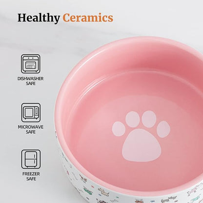 Fun Elements Ceramic Dog Bowls, Large Sized 64 Fl Oz Heavy Food and Water Bowl for Medium Dogs with Adorable Patterns (Large, Pink)