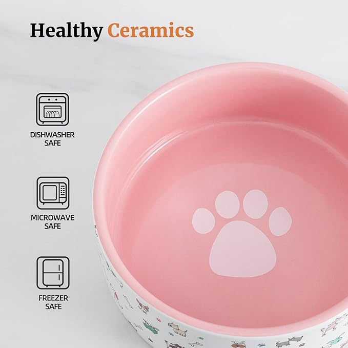 FE FUN ELEMENTS Ceramic Dog Bowls for Small Dogs, 16 Fl Oz Heavy Food and Water Bowl with Adorable Patterns (Small, Pink)