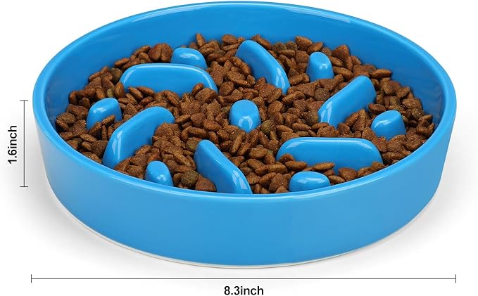 Ceramic Slow Feeder Dog Bowl, 8.3 inch Dog Food Bowls for Small, Medium, and Large Breed, Anti-Slip Puzzle Food Dish to Slow Down Eating (Blue, 8.3 in)