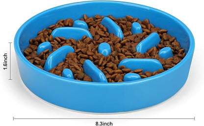 Ceramic Slow Feeder Dog Bowl, 8.3 inch Dog Food Bowls for Small, Medium, and Large Breed, Anti-Slip Puzzle Food Dish to Slow Down Eating (Blue, 8.3 in)