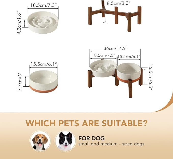 Ceramic 1.2 Cup Raised Slow Feeder Dog Bowl Set, Elevated 6.1inch Bowl and 7.3inch Dish with Acacia Wood Stand for Small and Medium Dogs(2 x Vanilla White+ Stand)