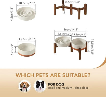 Ceramic 1.2 Cup Raised Slow Feeder Dog Bowl Set, Elevated 6.1inch Bowl and 7.3inch Dish with Acacia Wood Stand for Small and Medium Dogs(2 x Vanilla White+ Stand)