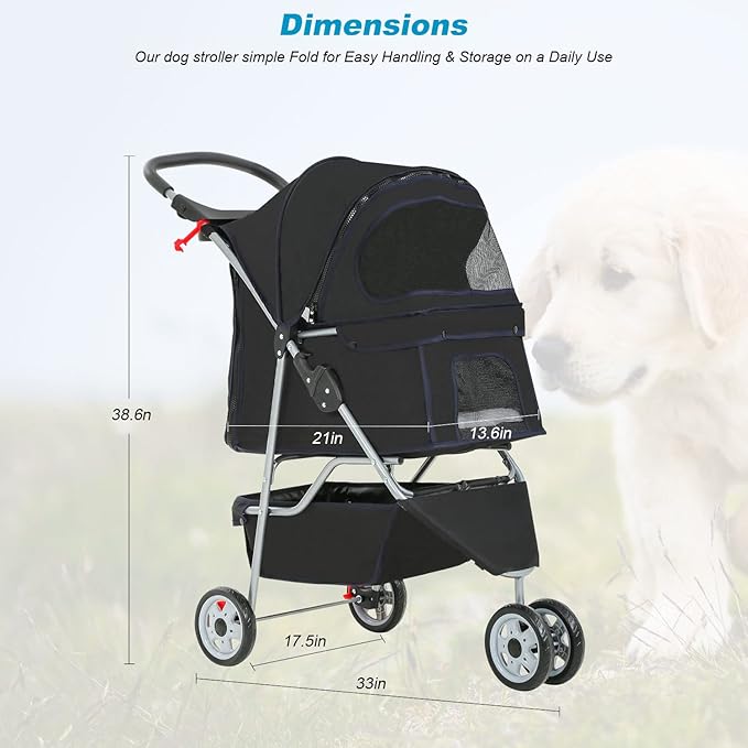 BestPet 3 Wheels Pet Dog Stroller Cat Cage Jogger Stroller Cats Travel Folding Carrier Waterproof with Cup Holder & Removable Liner,Black