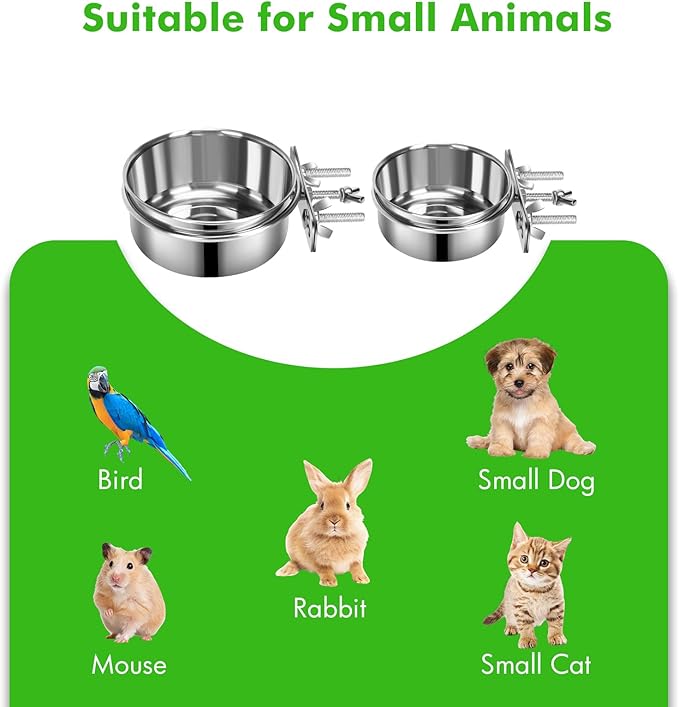 2 Pcs Small Dog Food Water Bowl for Cage with Upgraded Clamp Holder, Pet Kennel Hanging Bowls Stainless Steel Detectable Bowls Crate Feeder Dish for Small Dogs (4.7x2'' & 3.9x2'')