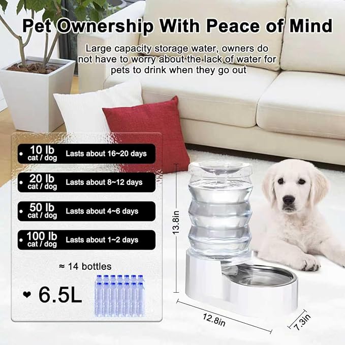RIZZARI Automatic Gravity Pet Dispenser: Helps Prevent Urinary Stones - an Activated Carbon Ion Exchange System - Removes Odors - Softens Water -6.5L Large Capacity Stainless Steel - Living Room