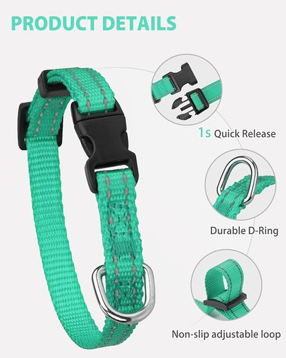 Joytale Puppy Collar, Feather-Light Double-Sided Reflective Nylon Collar for Night Safety, Adjustable Quick-Release for Extra Small Dogs, Teal, XS (3/8" Width)