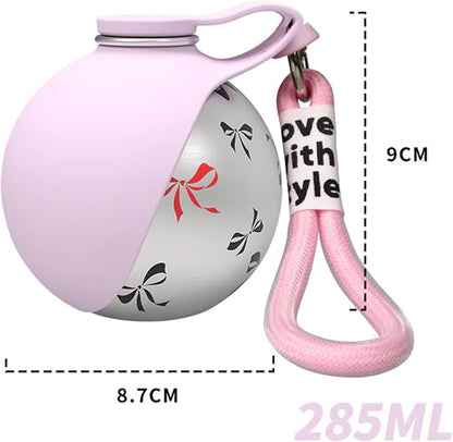 Foldable Pet Water Bottle, Portable Leak Proof Dog Water Bottle with Silicone Drinking Bowl, 304 Stainless Steel Travel Water Dispenser for Dogs and Cats, 287ML (Pink+Print)