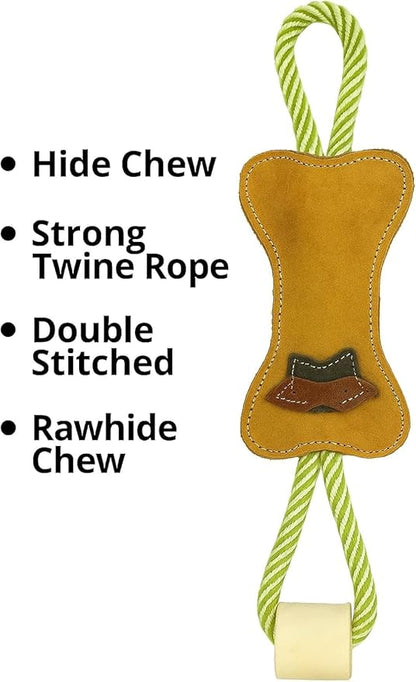 Natural Suede Leather and Rope Chew Toy with Bone Design for Medium and Large Dogs | Durable Interactive Play Toy | Great for Fetch, Tug and Daily Chewing Fun