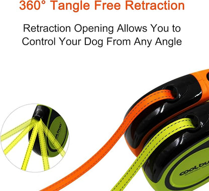 360° Tangle-Free, Heavy Duty Retractable Dog Leash with Anti-Slip Handle; 16 ft Reflective Strong Nylon Tape; for Large Dog or Cat up to 110 lbs; One-Handed Brake, Pause, Lock (Orange, Large)