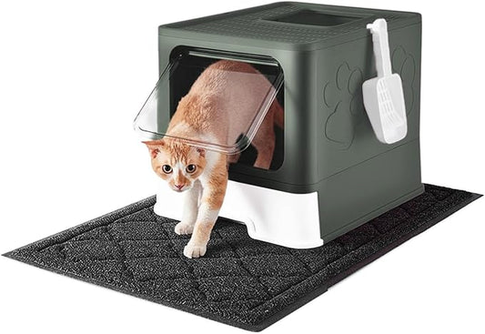 Cat Litter Box with X-Large Litter Mat and Scoop, Large Covered Litter Box with Lid, Enclosed Kitty Box,Front Top Entry Exit, Odor Control Easy to Clean (Upgrade Olive Green)