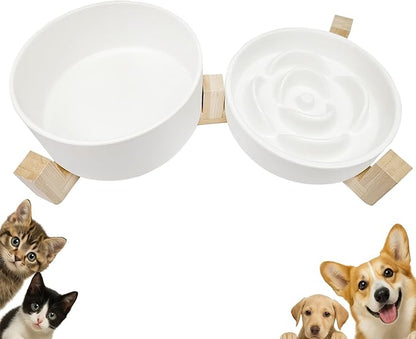 Ceramic Slow Feeder Dog Bowl Set-1 Cup Puzzle Dog Food Bowl & 850ML Water bowl with wooden stand for small dogs, Anti-Gulping,Anti-chewing,Anti-Slip,White