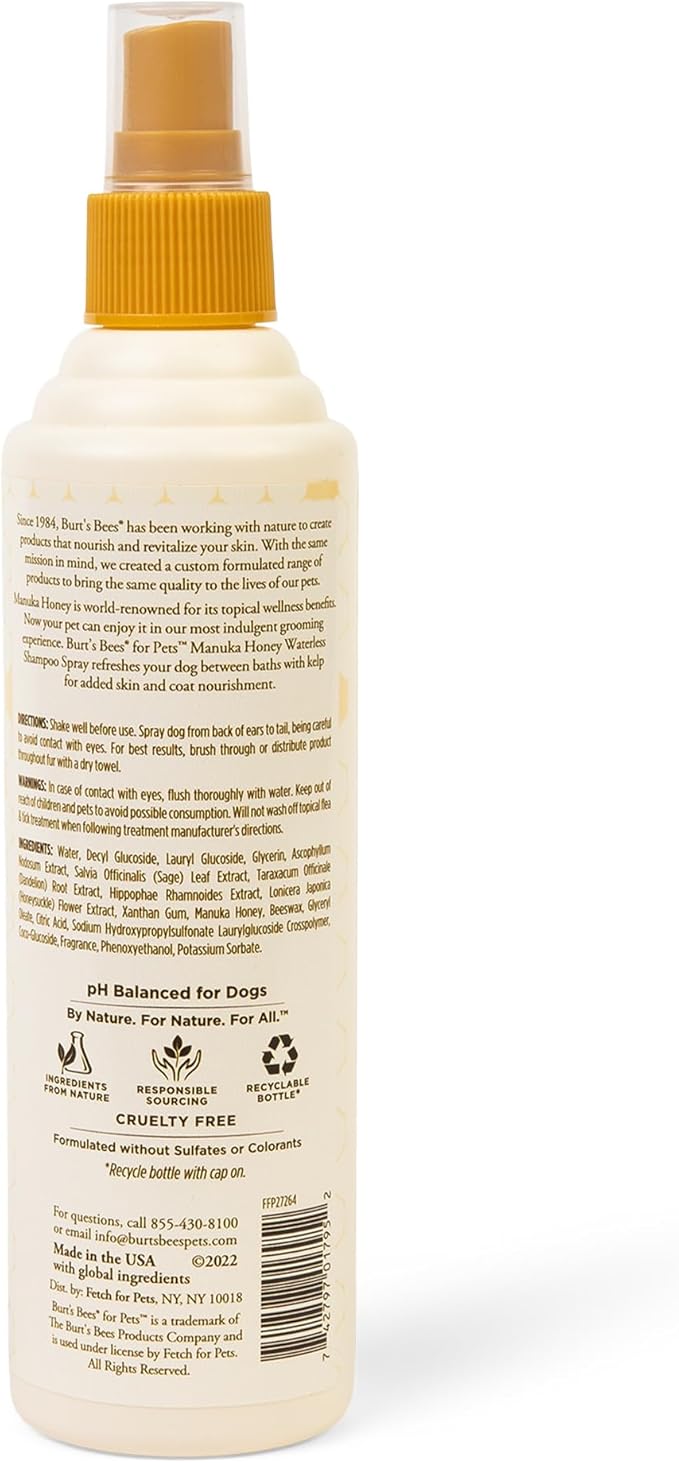 Burt’s Bees for Pets Manuka Honey Waterless Shampoo Spray for Dogs with Kelp, 10 Fl Oz