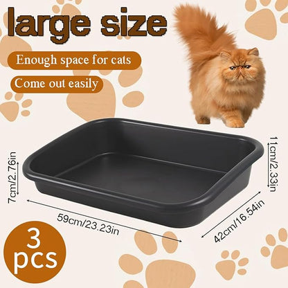 3 Pcs Low Entry Senior Cat Litter Box,Extra Large Size Pet Litter Box Low Entry Open Top Cat Litter Box for Kitten Frail Handicap Disabled Older Elderly Cats and Kitten,Easy to Clean (Dark Gray)