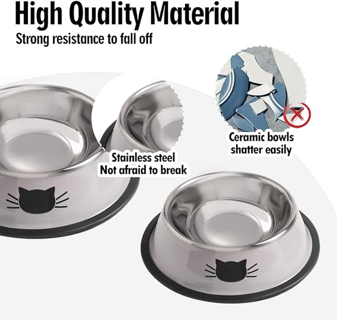 Cat Bowls for Food and Water,2PCS Rapsrk Non-Slip Stainless Steel Small Food Bowls 8 Oz Pet Bowl with Removable Rubber Base Dog Bowl,Stackable Cat Puppy Dishes Bowls with Cute Cats Painted