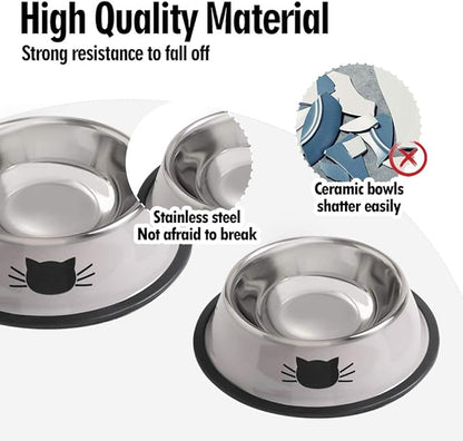 Cat Bowls for Food and Water,2PCS Rapsrk Non-Slip Stainless Steel Small Food Bowls 8 Oz Pet Bowl with Removable Rubber Base Dog Bowl,Stackable Cat Puppy Dishes Bowls with Cute Cats Painted