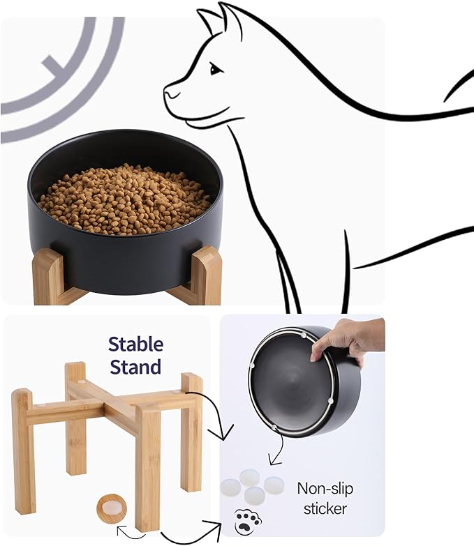 Black Elevated Dog Bowl Ceramic for Small Medium Sized Breed,Raised Dog Food Water Bowl with Stand,6 in 3.6 Cups Non Slip Pet Dish Heavy Weighted Marble Grey