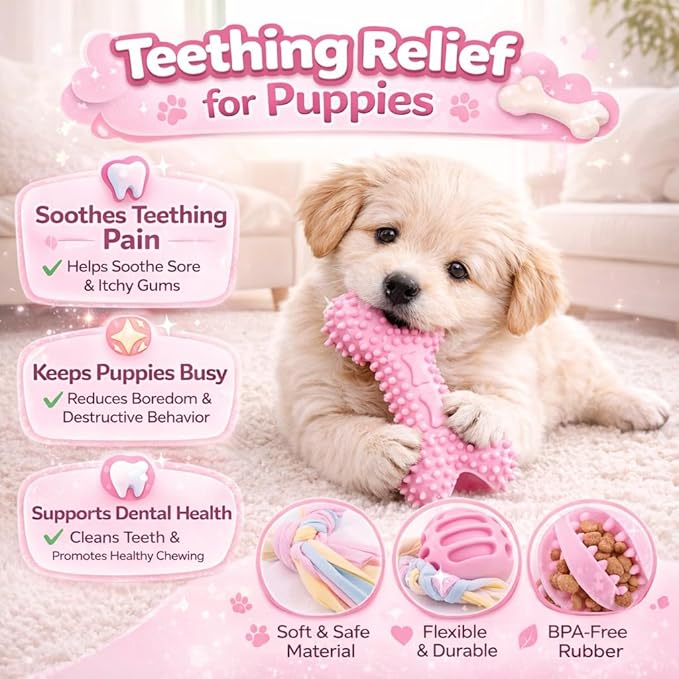 Pink Puppy Toys, 6- Pack Teething Chew Toys, Soft Durable Rubber Teething Toys for Puppies Small Breeds, Eco-Friendly, Interactive Puppy Chew Toys for Small Dogs, (Basket not Included)