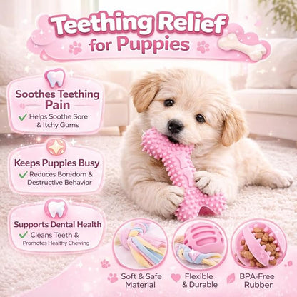Pink Puppy Toys, 6- Pack Teething Chew Toys, Soft Durable Rubber Teething Toys for Puppies Small Breeds, Eco-Friendly, Interactive Puppy Chew Toys for Small Dogs, (Basket not Included)