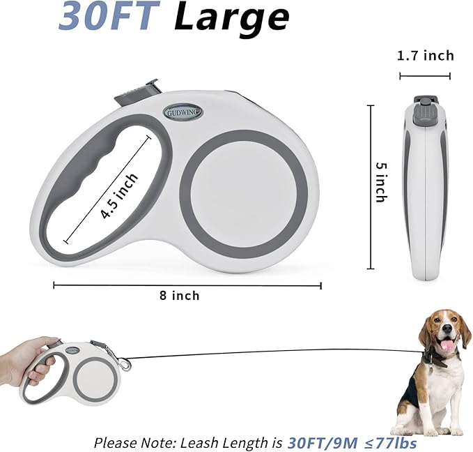 Retractable Dog Leash 30 FT, GUDWING Dog Walking Leash for Medium Large Dogs up to 77 lbs, Heavy Duty No Tangle, Large
