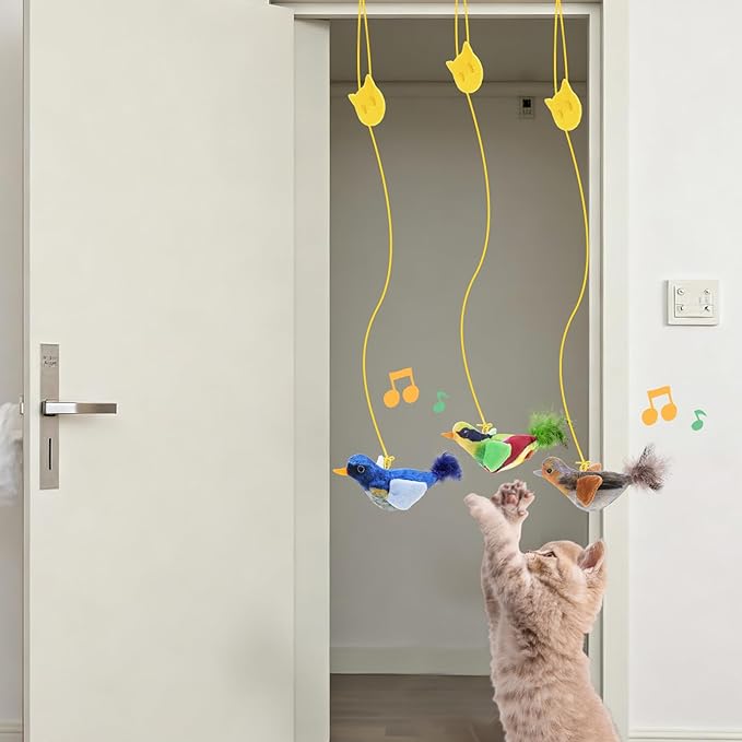 Flying Bird Cat Toys, Interactive Chirping Bird Cats Feather Toys Hanging Cat String Toy for Bored Kittens Adult Multi Households