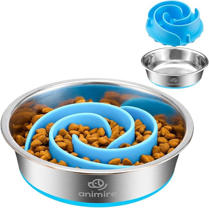 2-in-1 Metal Dog Bowl with Slow Feeder Insert, Stainless Steel Dog Bowls Food Grade 304, Water Food Bowl with Anti-Slip Silicone Base for Small, Medium, Large Dogs