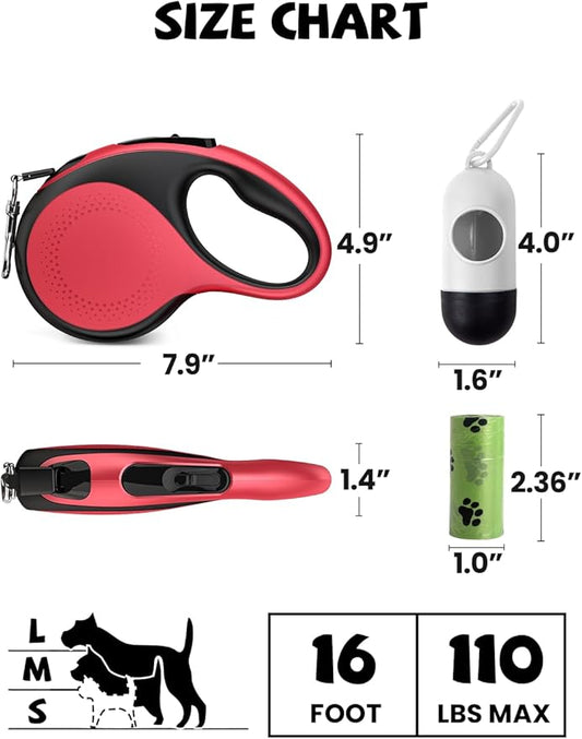 Retractable Dog Leash with Led Light, Douexio 16ft Heavy Duty Dog Leash Retractable for Medium Large Dogs Up to 110lbs,360° Tangle-Free, One-Button Control, High Strength Hook (Red, 66-110lbs)