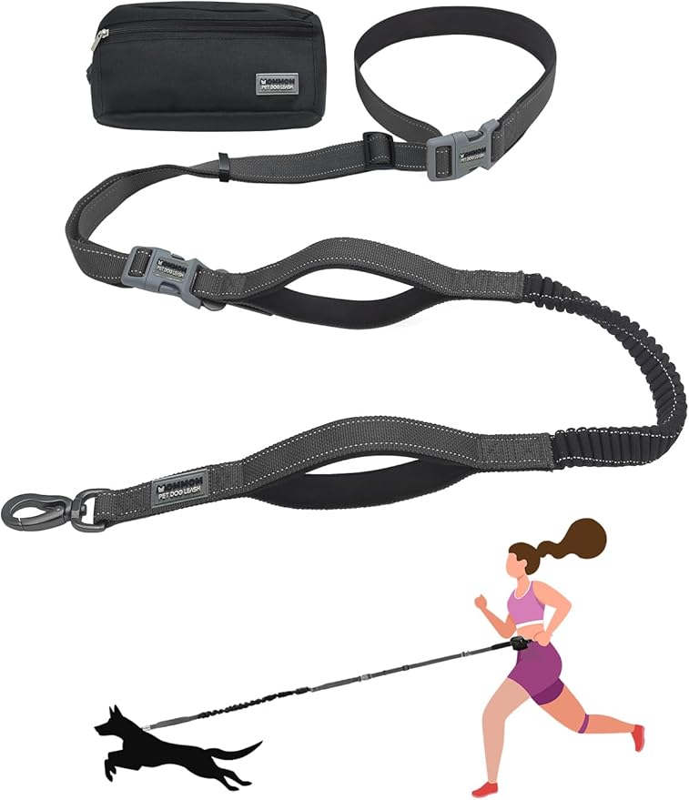 Hands Free Dog Leash with Zipper Pouch & Waist Belt – Reflective Durable Bungee Leash with Dual Padded Handles for Walking, Jogging & Running, Fits Small to Large Dogs (Black)
