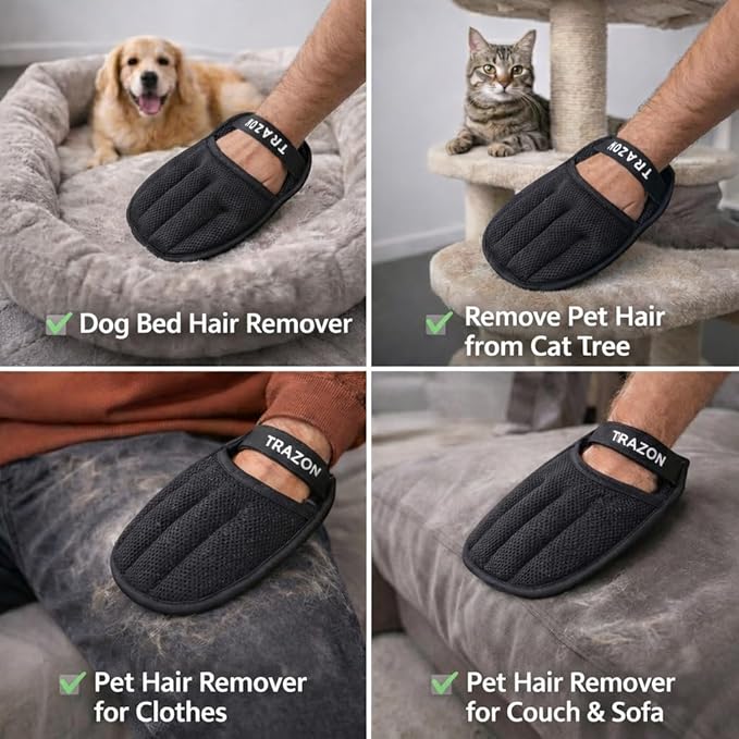 Trazon Pet Hair Removal Gloves 2 Pack – Electrostatic Pet Hair Removal Mitt for Cats & Dogs – Magic Brush Pet Hair Remover & Reusable Lint Brush Alternative for Couch, Furniture, Clothes & Car Seats