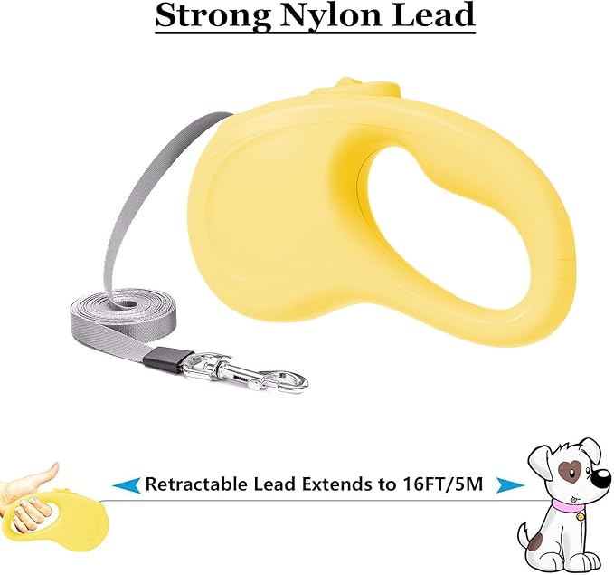 Retractable Dog Leash, 16Ft/5M Light Weight Retractable Leash for Small Medium Dogs/Cats Up to 50lbs, Strong Nylon Tape 360° Tangle-Free One-Hand Brake (Yellow)