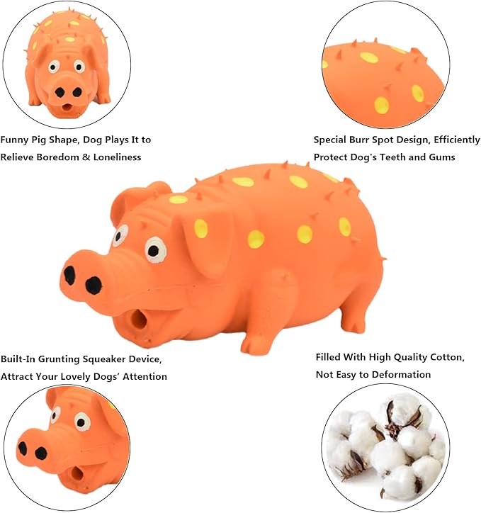 Pig Squeaky Dog Toy, 2 PCS Interactive Rubber Dog Chew Toy - Durable Latex Spot Grunting Pig Toys that Oink for Small Medium Large Dogs (Orange, Green)
