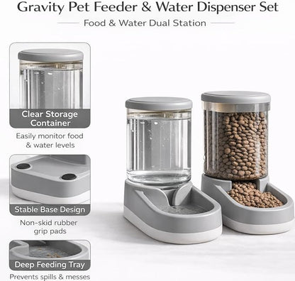 Gravity Pet Feeder and Water Dispenser Set, 8L (4L+4L) Up to 14 Days, Automatic Dog Cat Feeder & Waterer, See-Through Design, Leak-Proof, Anti-Jam, No Electricity, Small Medium Large Dogs Cats