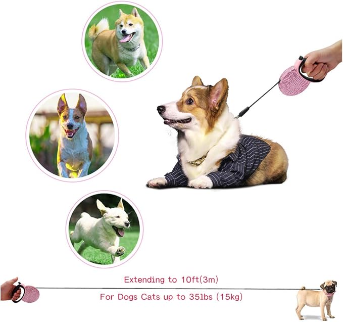 Pink Rhinestone Retractable Dog Leash Bling 10ft, Sparkle Sparkling Pet Cat Leash for Small Breed, Bling Crystal Small Dog Leash Cute, Girl Dog Lead Waste Bags Dispenser Included, 360° Tangle-Free