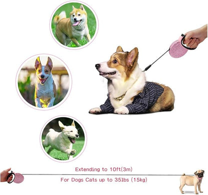Pink Rhinestone Retractable Dog Leash Bling 10ft, Sparkle Sparkling Pet Cat Leash for Small Breed, Bling Crystal Small Dog Leash Cute, Girl Dog Lead Waste Bags Dispenser Included, 360° Tangle-Free