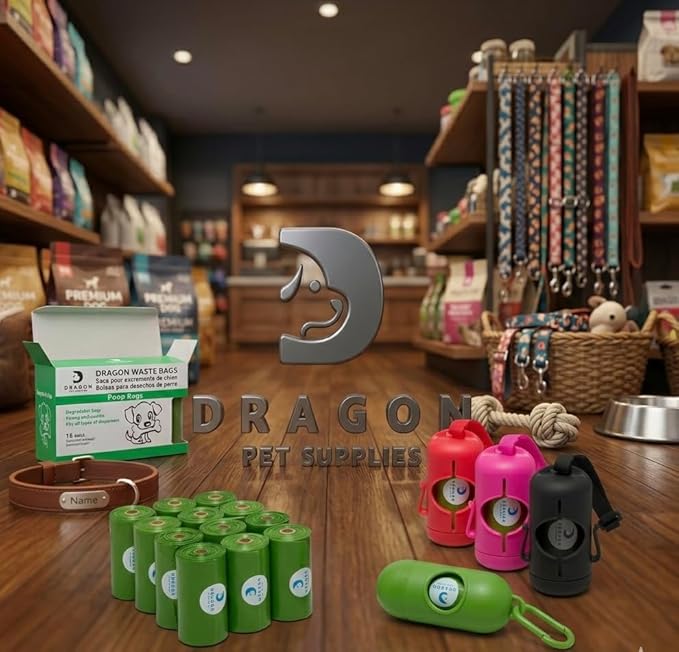 DRAGON Waste Bags Durable Dispenser, Dog poop bags holder with Two Hooks on the side for Used Poop Bags, leash attachment strap and 15 Poop Bags (RED)