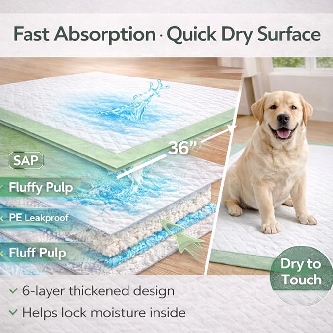 Gimars Upgrade XXXXL 36x36 Dog Pee Pads Extra Large Thicken 6 Layers Extra Absorbent Pee Pads for Dogs, Leakproof Dog Training Wee Wee Pads Quick Dry - 150 Counts