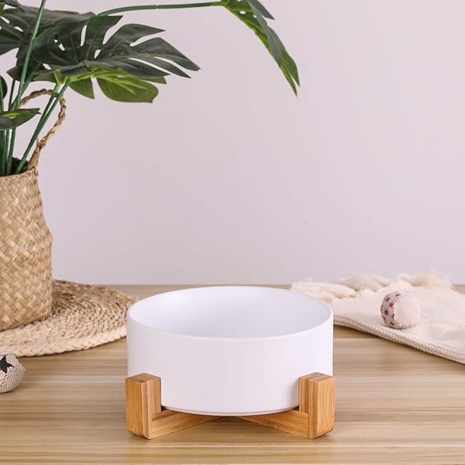 Ceramic Dog Bowl with Bamboo Stand - Large Dog Dish for Food and Water - Heavy Weighted, No Tip Over - 8.4" Diameter - White