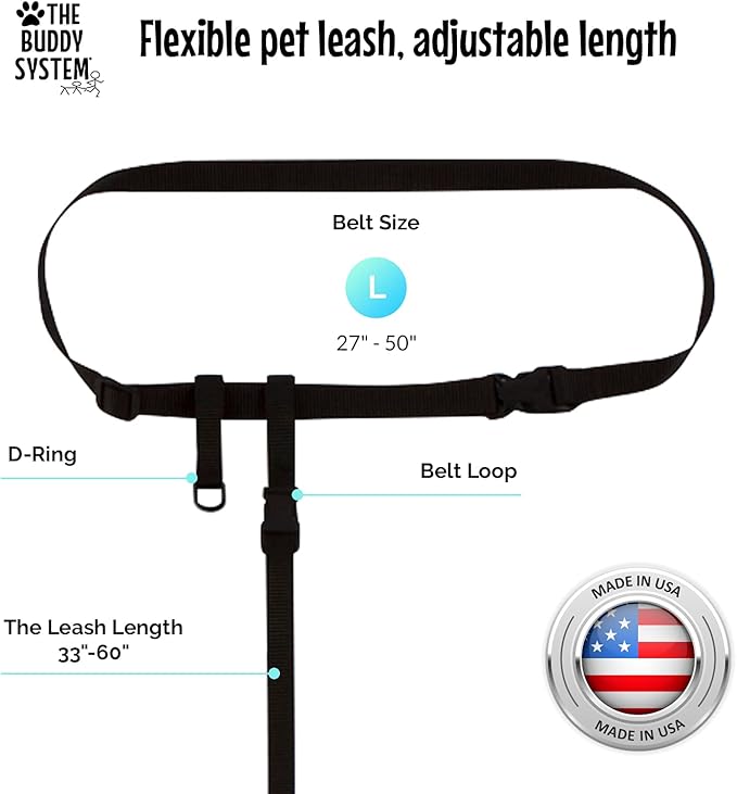The Buddy System Hands Free Dog Leash, Adjustable Leash for Running, Jogging, Training and Service Dogs, Great for Small, Medium and Large Dogs, Made in USA (Black, Small Dog System (Large Belt))