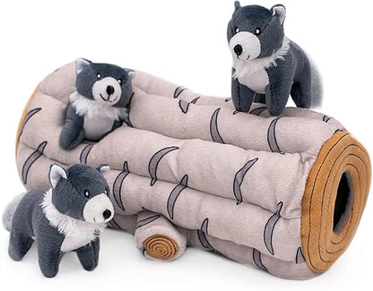 ZippyPaws Burrow- Interactive Dog & Puppy Toys for Boredom, Stimulating Pet Products to Keep Them Busy, Hide & Seek Plush Dog Puzzle, Enrichment Squeaky Toy, for Small & Medium Dogs- Arctic Wolf Log